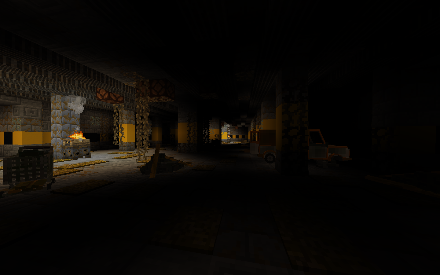 Dark garage full of abandoned vehicles