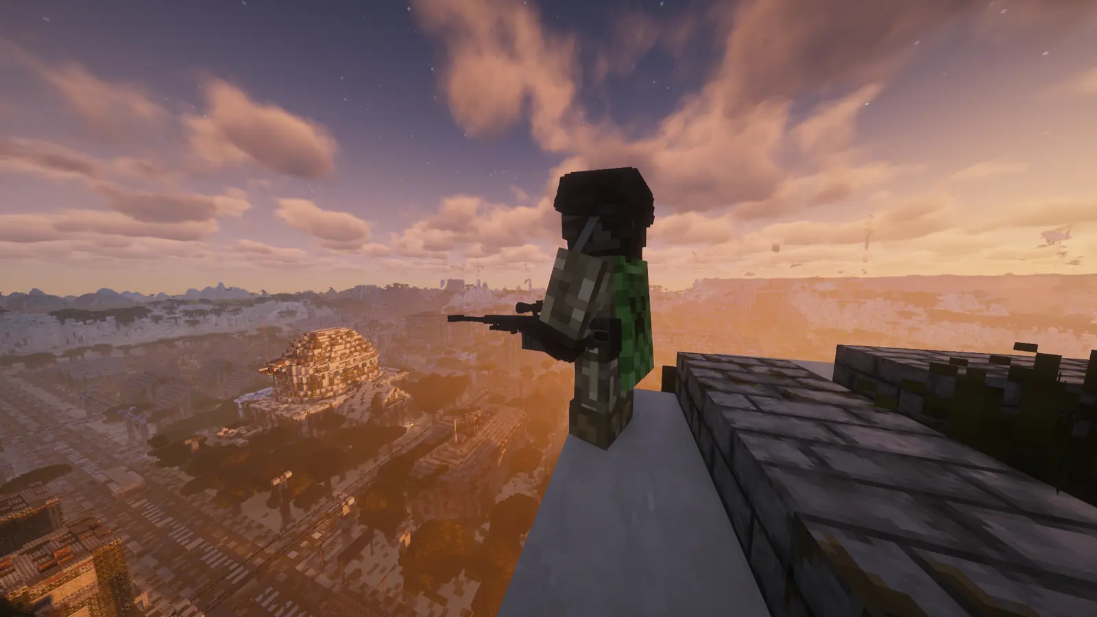 A survivor with a sniper rifle on a rooftop above a ruined city at sunset