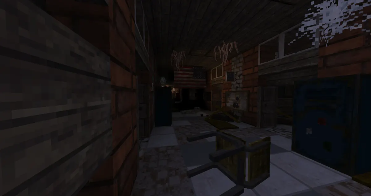 A dark, looted building interior with overturned tables and a doorway at the far end
