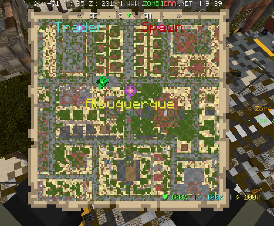 An in-game map of Albuquerque, with the trader and spawn areas marked